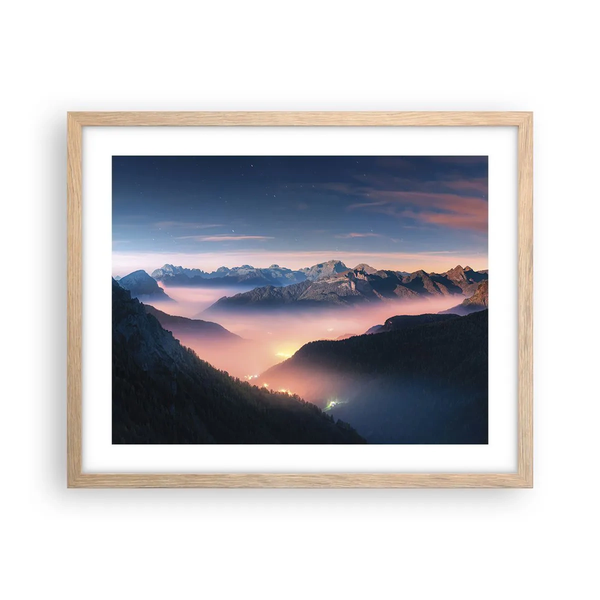 Plakat i ramme af lyst egetræ - Lys i dalene - 50x40 cm