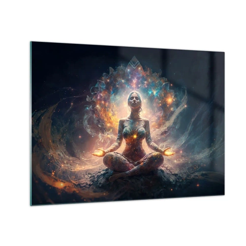 Billede på glas - En mediterende kvinde i en lysende aura af energi og farver - 70x50cm - Flow af god energi - Moderne vægdekoration til stue og soveværelse ARTTOR
