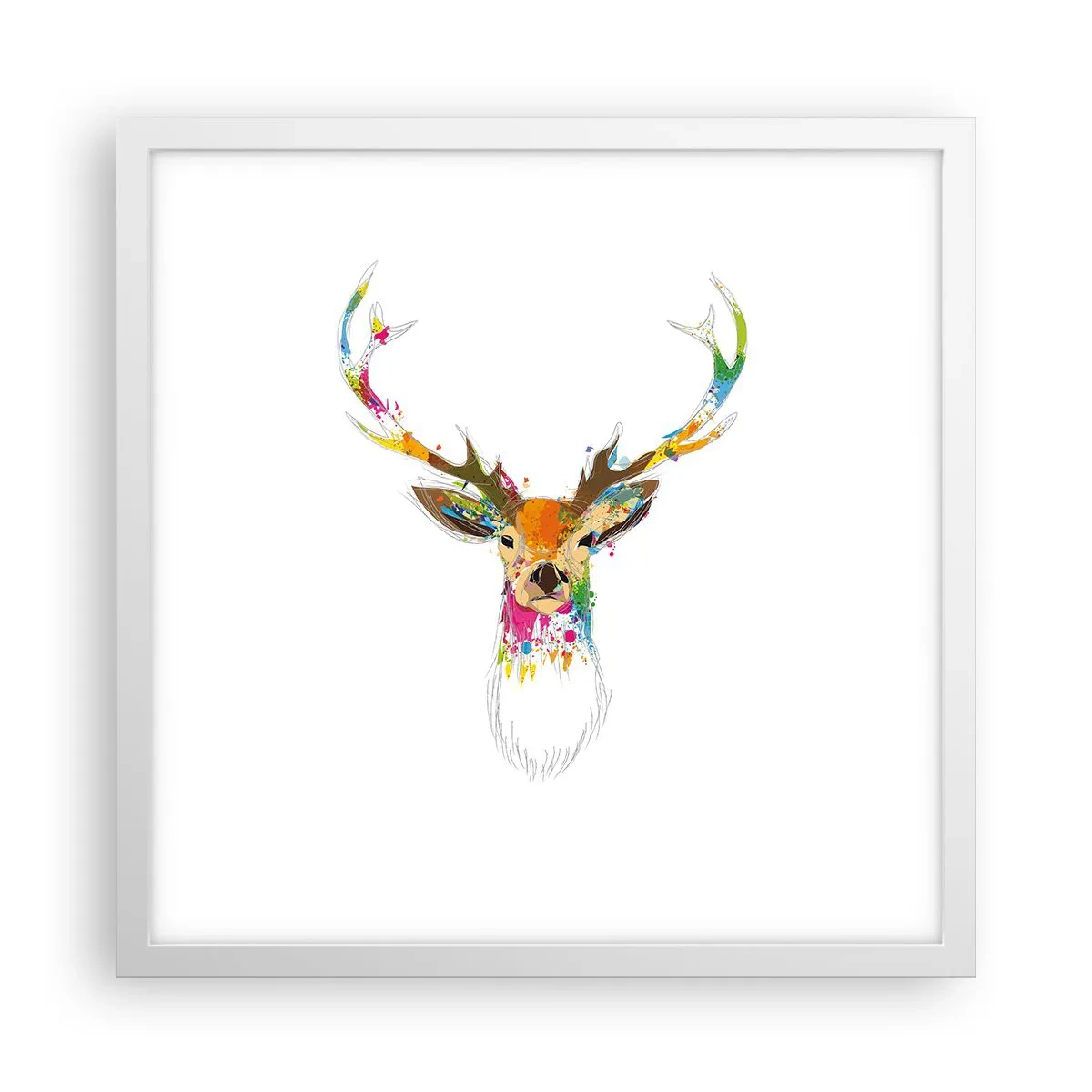 Plakat i hvid ramme - Blid kronhjort badet i farver - 40x40 cm