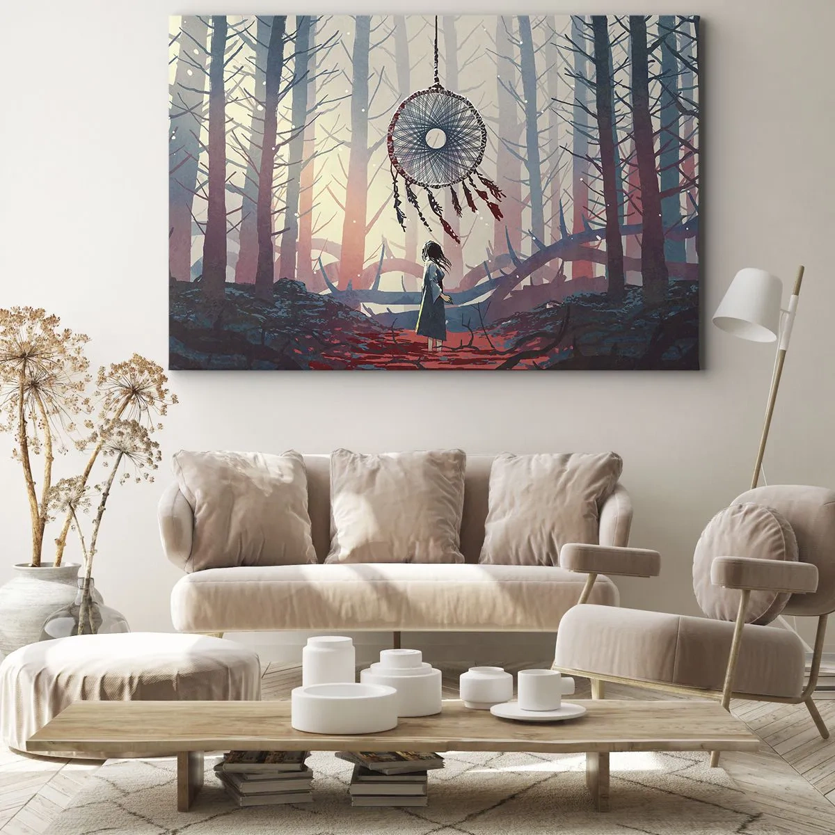 Lærredstryk - Billede på lærred - Skovscene med en kæmpe drømmefanger - 70x50cm - Det hemmelige ritual for lykke - Moderne vægdekoration til stue og soveværelse ARTTOR