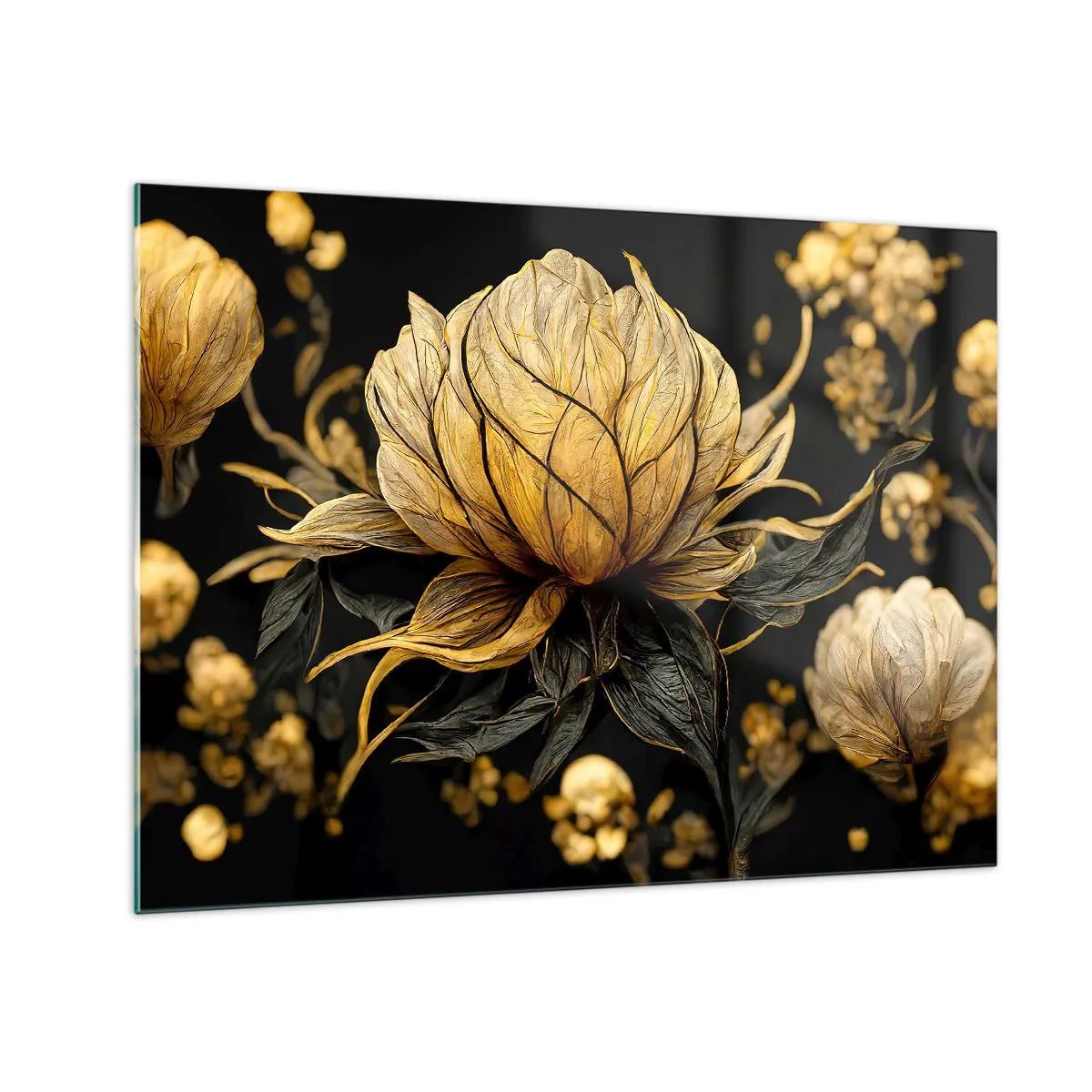 Billede på glas - Gyldne blomster på en sort baggrund i en elegant komposition - 70x50cm - Subtil skrøbelighed - Moderne vægdekoration til stue og soveværelse ARTTOR