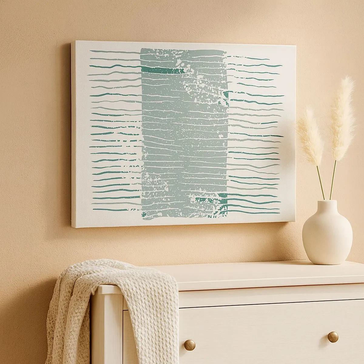 Lærredstryk - Billede på lærred - Geometrisk mønster i nuancer af havgrøn og hvid - 70x50cm - Marin abstraktion - Moderne vægdekoration til stue og soveværelse ARTTOR