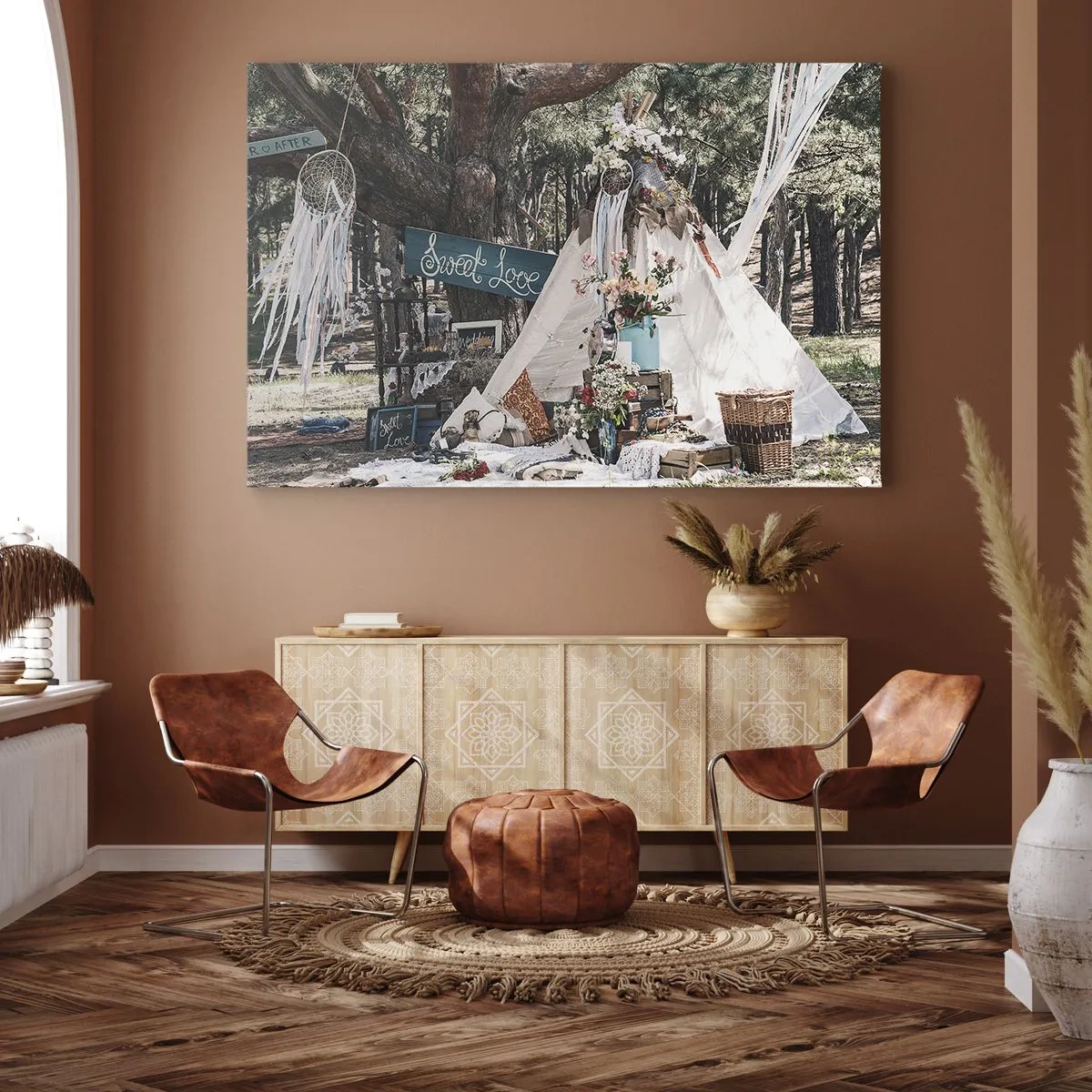 Lærredstryk - Billede på lærred - Boho-dekoration med tipi i skoven - 70x50cm - Make love… - Moderne vægdekoration til stue og soveværelse ARTTOR