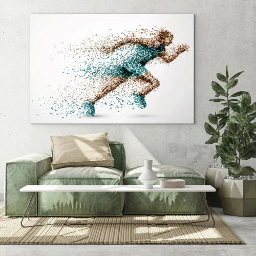 Billede på glas - En løberfigur dannet af farverige partikler - 70x50cm - Livet er et kapløb - Moderne vægdekoration til stue og soveværelse ARTTOR