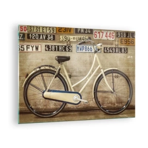 Billede på glas - En gammel cykel mod en væg med nummerplader - 70x50cm - Ingen komplekser - Moderne vægdekoration til stue og soveværelse ARTTOR