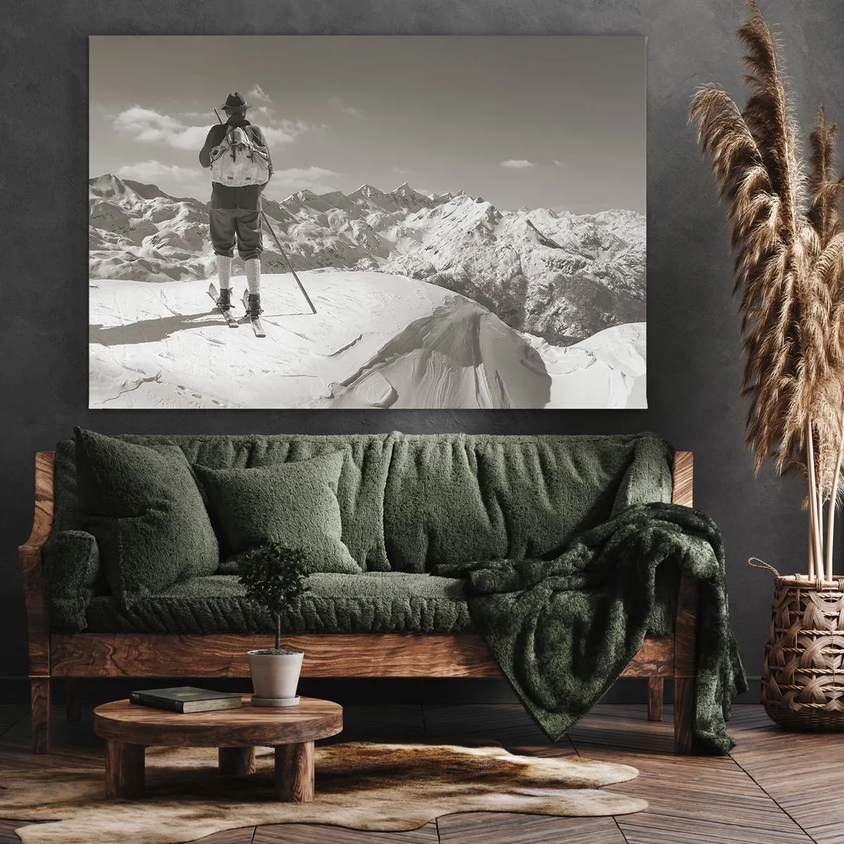 Lærredstryk - Billede på lærred - En skiløber på toppen af et bjerg i sort-hvid - 70x50cm - Og bjergene er de samme - Moderne vægdekoration til stue og soveværelse ARTTOR