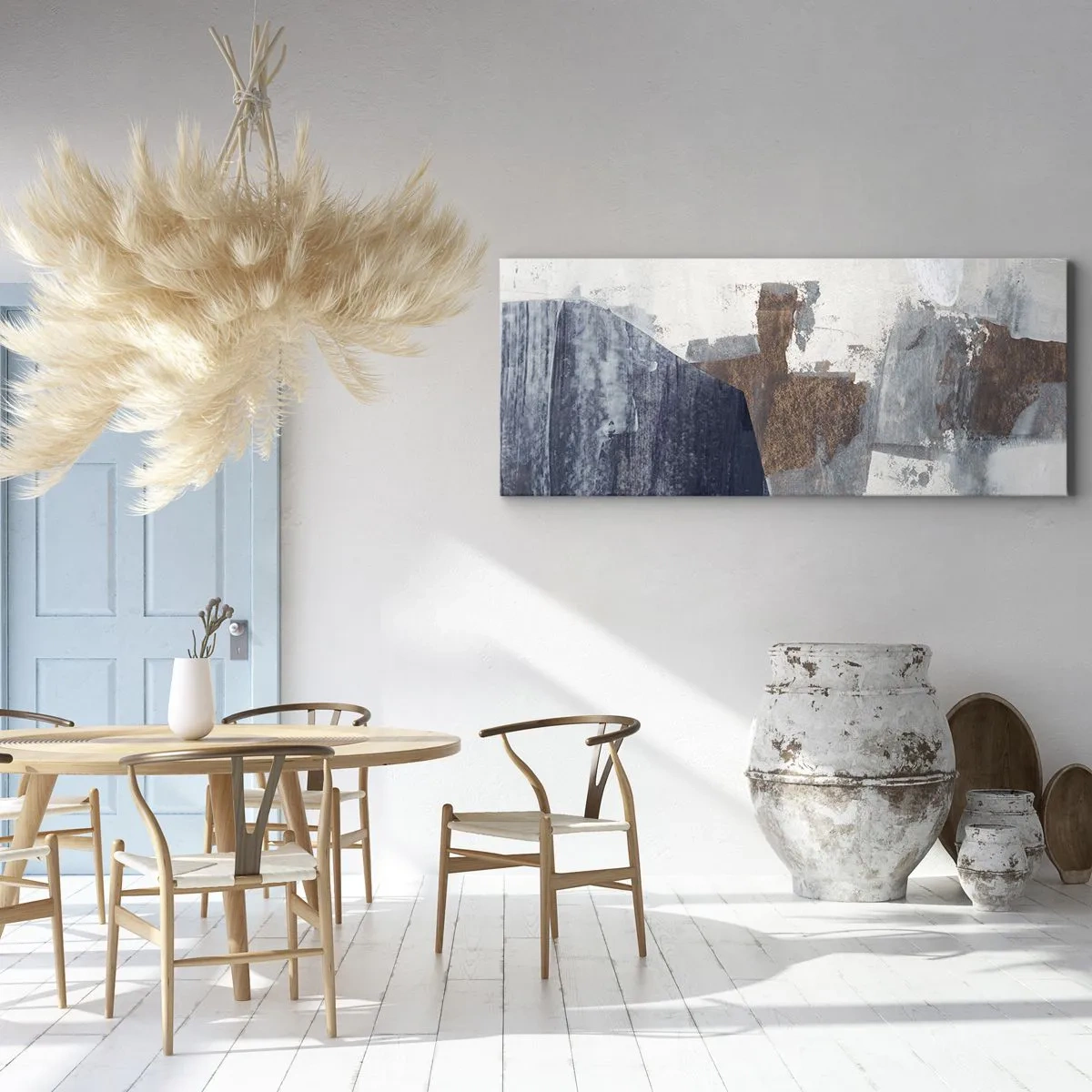 Lærredstryk - Billede på lærred - Blåbrune former - 140x50 cm