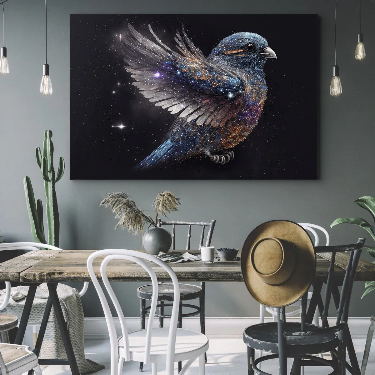 Lærredstryk - Billede på lærred - En spurv i rumalderstil med diamantglans - 70x50cm - Diamantspurv - Moderne vægdekoration til stue og soveværelse ARTTOR