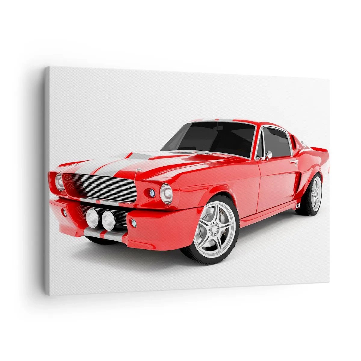 Lærredstryk - Billede på lærred - Rød sportsvogn med hvide striber - 70x50cm - Mustang så hurtigt som vinden - Moderne vægdekoration til stue og soveværelse ARTTOR