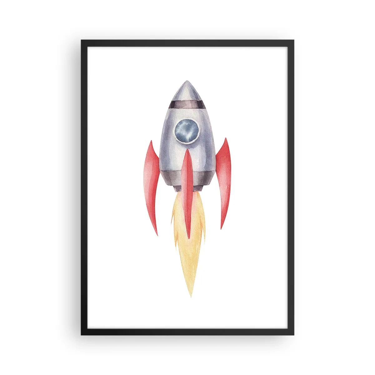 Plakat i sort ramme - Akvarelstil rumraket - 50x70cm - Højere, hurtigere, længere - Moderne vægdekoration til stue og soveværelse ARTTOR