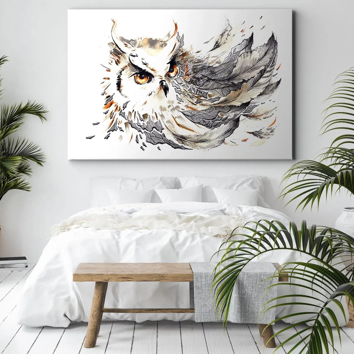 Lærredstryk - Billede på lærred - En ugle med mystiske fjer i en kunstnerisk akvarelform - 70x50cm - Hun kom fra den magiske verden - Moderne vægdekoration til stue og soveværelse ARTTOR