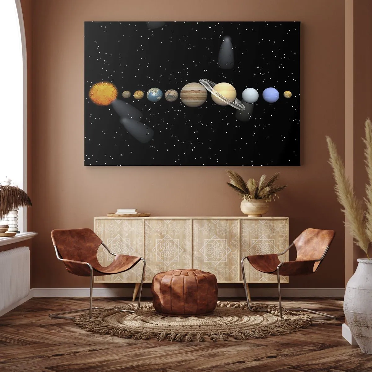 Lærredstryk - Billede på lærred - Solsystemet med planeter mod baggrunden af stjerner i rummet - 70x50cm - Og planeterne er ved at blive skøre, ved at blive skøre.... - Moderne vægdekoration til stue og soveværelse ARTTOR