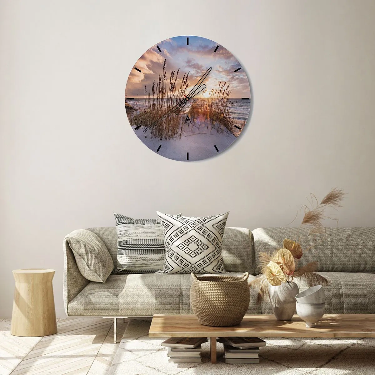 Vægur, Uret - Solnedgang over havet med sand og græs på klitterne - 30x30cm - Farvel til sol og vind - Moderne vægdekoration til stue, køkken og soveværelse ARTTOR
