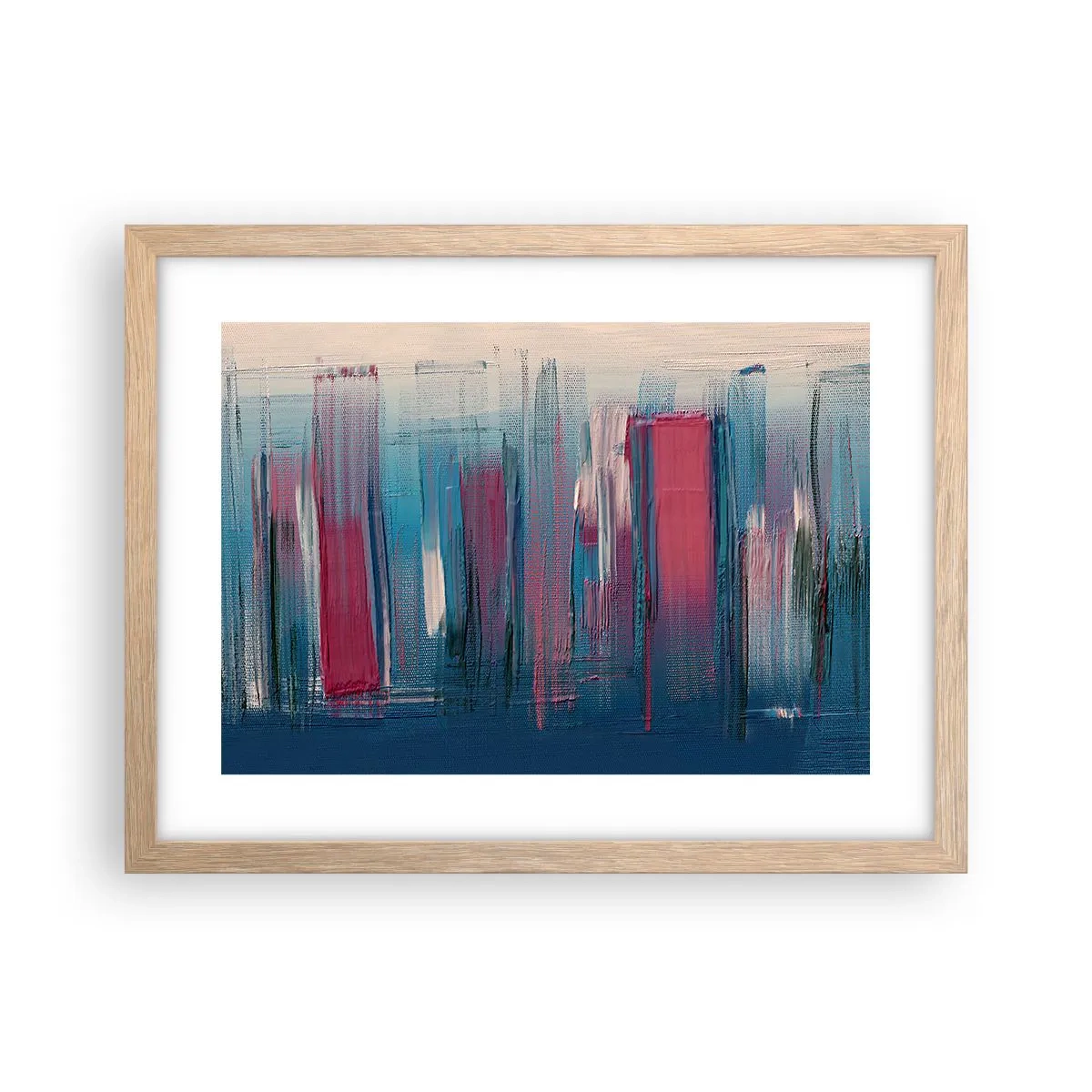 Plakat i ramme af lyst egetræ - Lodret komposition i blåt og rødt - 40x30 cm