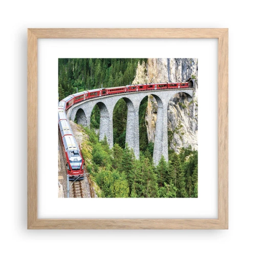 Plakat i ramme af lyst egetræ - Udsigt over bjergene til gengæld - 30x30 cm