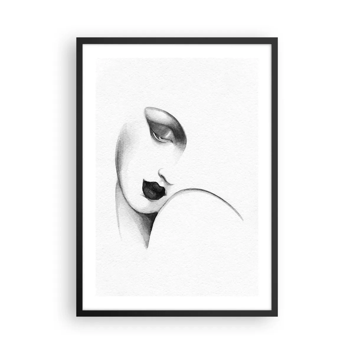 Plakat i sort ramme - Et diskret portræt af en kvinde i sort-hvid stil - 50x70cm - I Lempickas stil - Moderne vægdekoration til stue og soveværelse ARTTOR