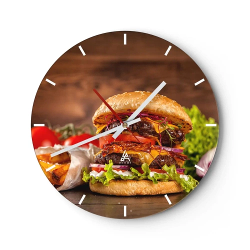 Vægur, Uret - Saftig burger med toppings på en træbaggrund - 30x30cm - Forbudt frugt - Moderne vægdekoration til stue, køkken og soveværelse ARTTOR