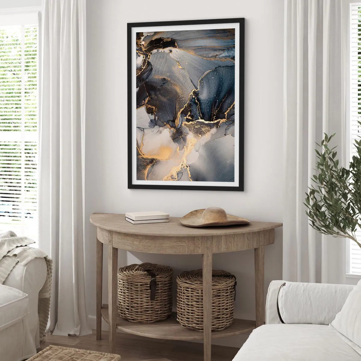 Plakat i sort ramme - En abstrakt komposition i mørke nuancer med gulddetaljer. - 50x70cm - Livet af sten - Moderne vægdekoration til stue og soveværelse ARTTOR