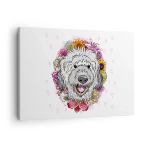 Lærredstryk - Billede på lærred - En hund omgivet af farverige blomster - 70x50cm - Hvalpens glæde - Moderne vægdekoration til stue og soveværelse ARTTOR