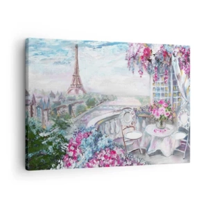 Lærredstryk - Billede på lærred - En romantisk udsigt over Paris med Eiffeltårnet og en balkon fuld af blomster - 70x50cm - Smukkest her i maj - Moderne vægdekoration til stue og soveværelse ARTTOR