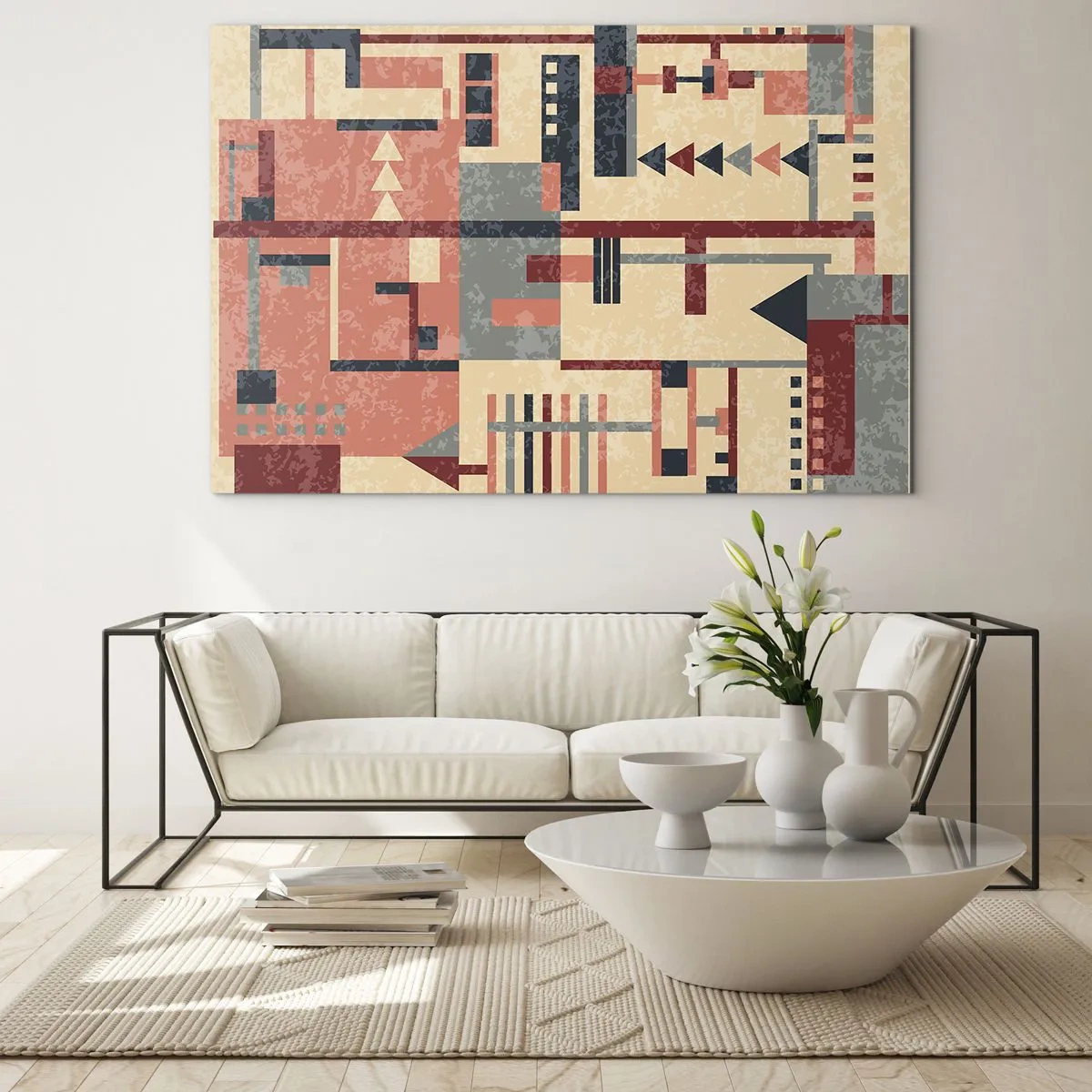 Billede på glas - Abstrakt geometrisk mønster i beige og røde nuancer - 70x50cm - Kombination af vertikaler og niveauer - Moderne vægdekoration til stue og soveværelse ARTTOR