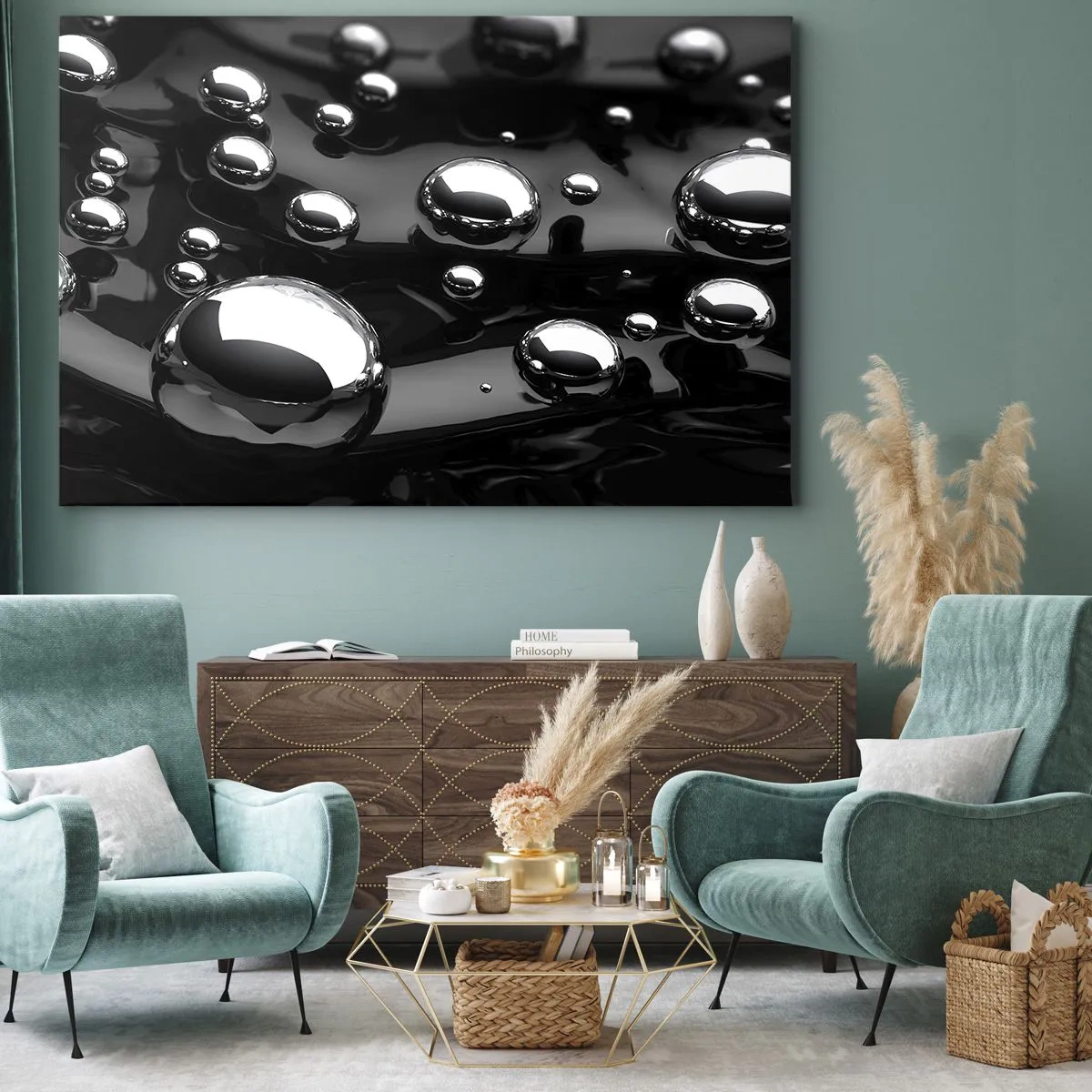 Lærredstryk - Billede på lærred - Abstrakte dråber på en sort overflade - 70x50cm - Fra de sorte dybder - Moderne vægdekoration til stue og soveværelse ARTTOR