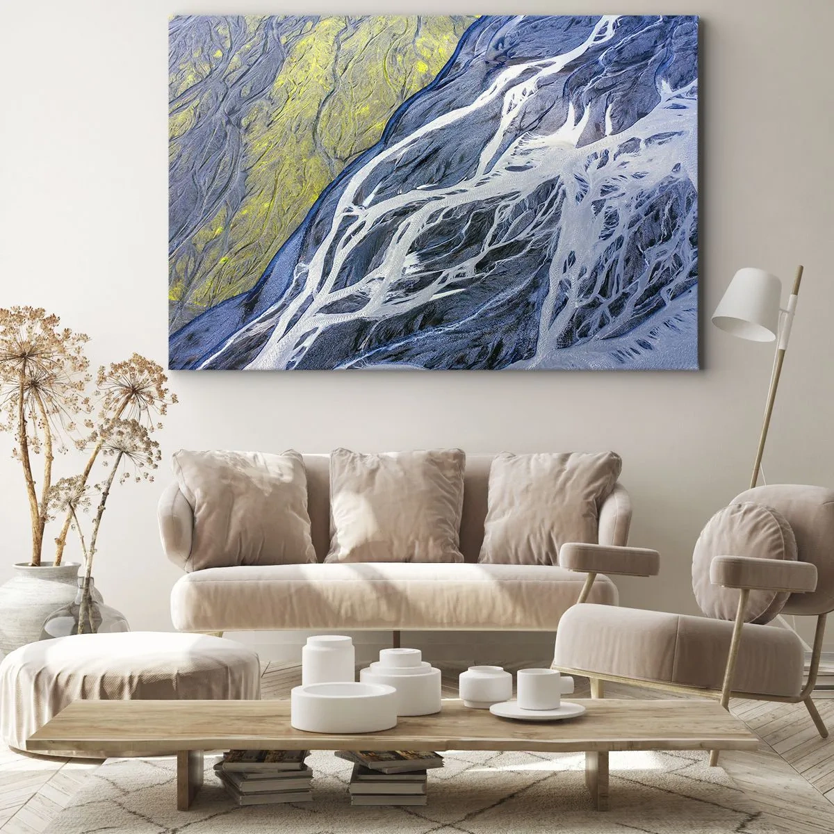 Lærredstryk - Billede på lærred - Abstrakt fugleperspektiv af bugtende flodlejer - 70x50cm - Naturens hulemalerier - Moderne vægdekoration til stue og soveværelse ARTTOR