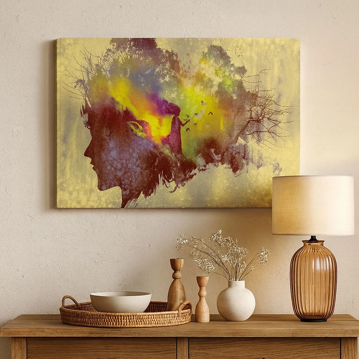 Lærredstryk - Billede på lærred - Kunstnerisk silhuet af en kvinde med naturen i baggrunden - 70x50cm - Moder Natur - Moderne vægdekoration til stue og soveværelse ARTTOR