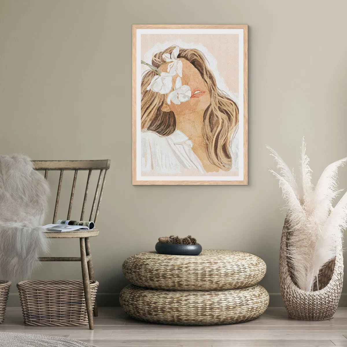 Plakat i ramme af lyst egetræ - Blandt blomsterne i jubel - 70x100 cm