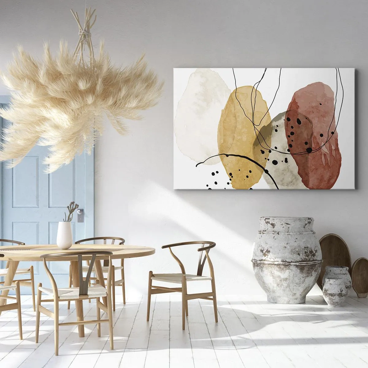 Lærredstryk - Billede på lærred - Abstrakte pletter i beige, gule og røde nuancer - 70x50cm - Som lys, klar luft - Moderne vægdekoration til stue og soveværelse ARTTOR