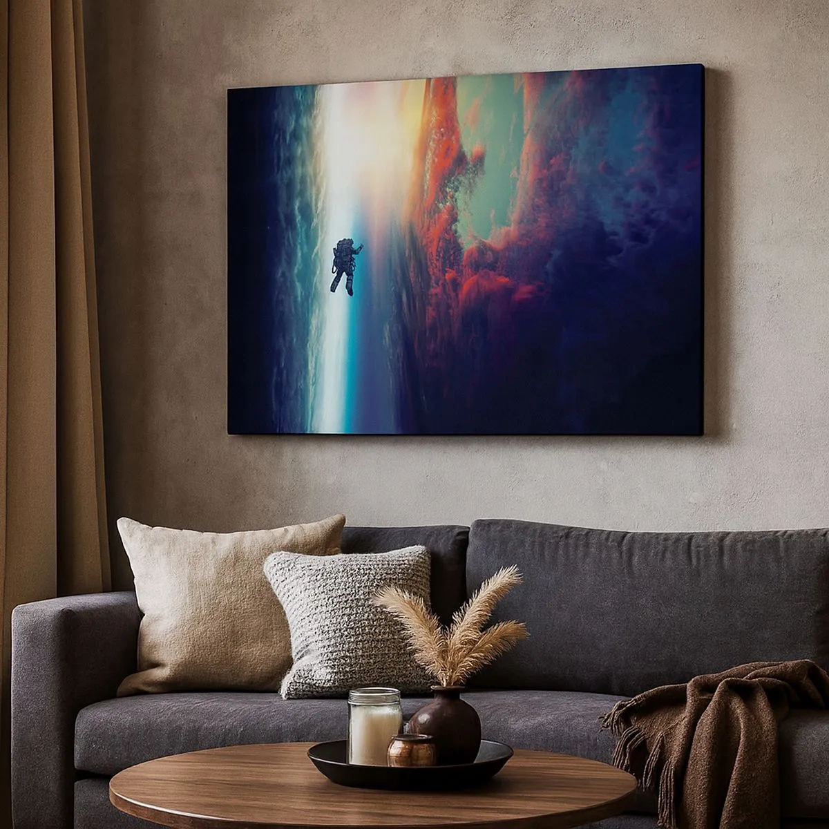 Lærredstryk - Billede på lærred - En astronaut, der svæver i rummet over en farverig Jord - 70x50cm - Over for universet - Moderne vægdekoration til stue og soveværelse ARTTOR
