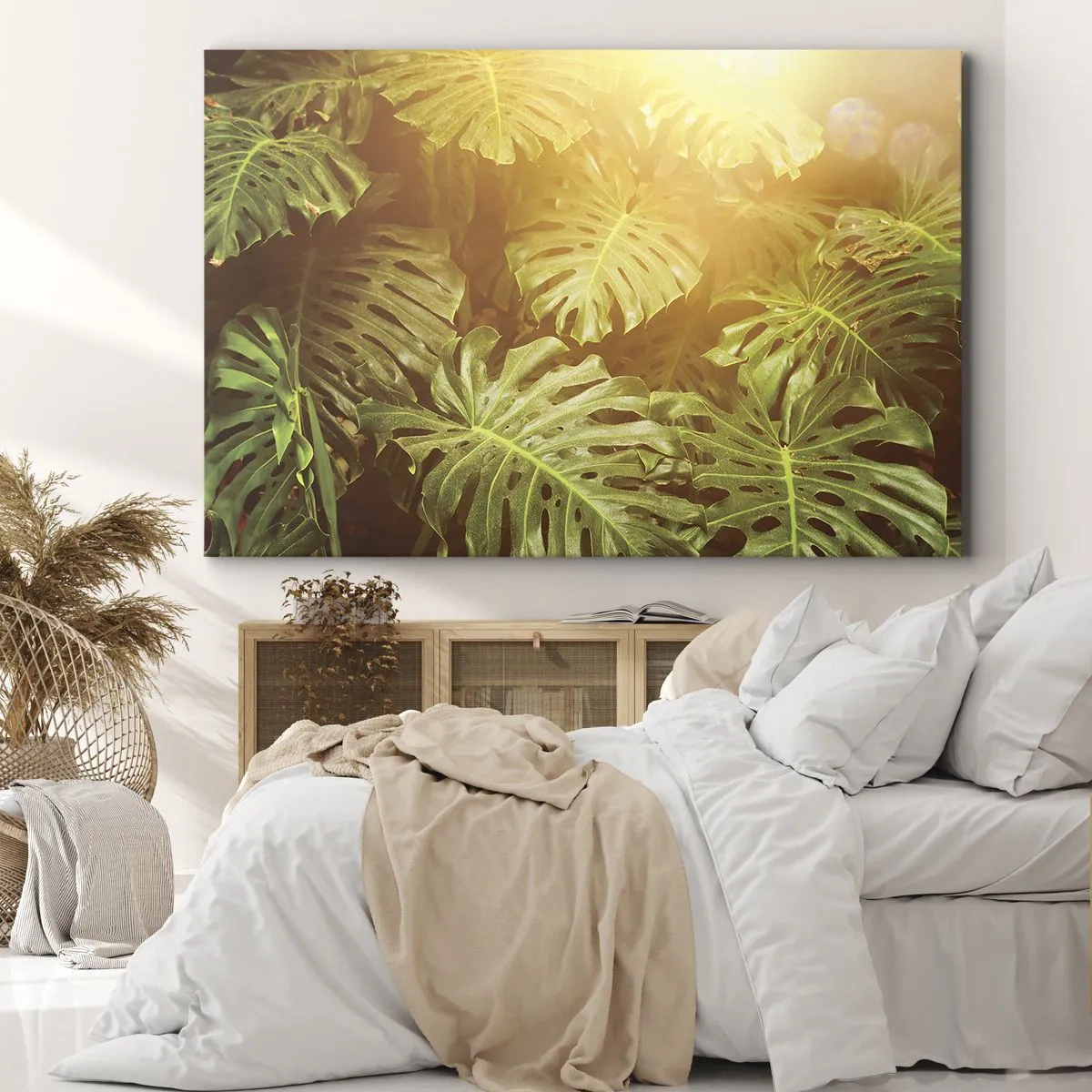 Lærredstryk - Billede på lærred - Monsterablade i sollys mod en naturlig baggrund - 70x50cm - Træd ind i det grønne... - Moderne vægdekoration til stue og soveværelse ARTTOR