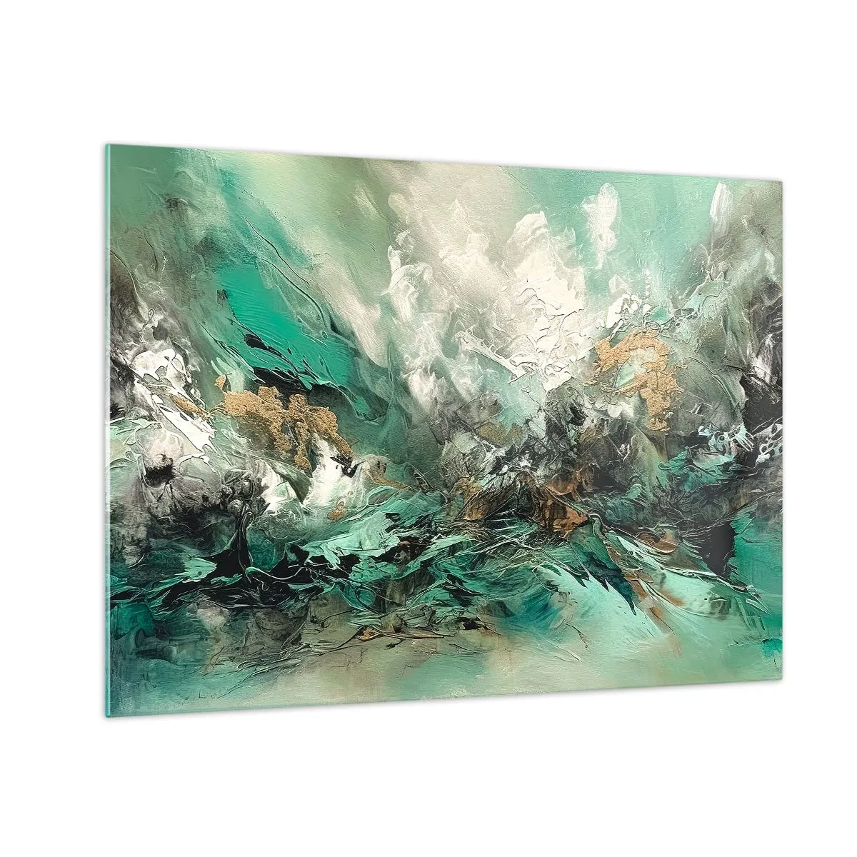 Billede på glas - En abstrakt komposition i nuancer af smaragdgrøn, sort og hvid. - 70x50cm - Smaragdsort byld - Moderne vægdekoration til stue og soveværelse ARTTOR