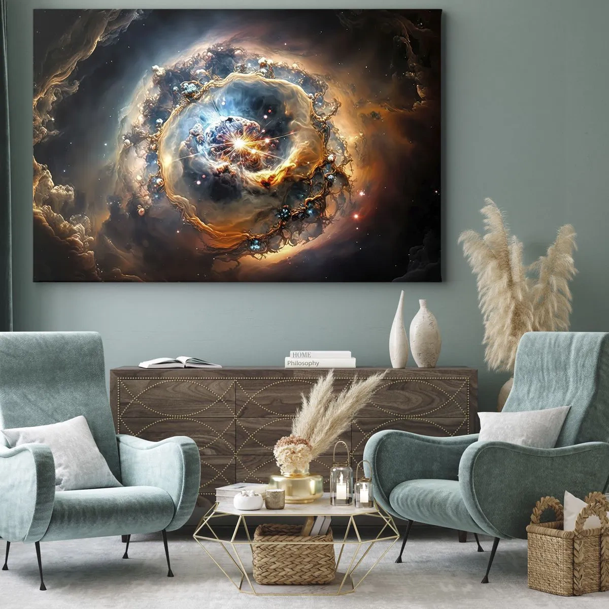 Lærredstryk - Billede på lærred - En abstrakt vision af en kosmisk eksplosion i nuancer af guld og blå. - 70x50cm - Begyndelse - Moderne vægdekoration til stue og soveværelse ARTTOR
