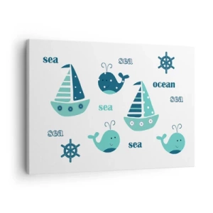 Lærredstryk - Billede på lærred - Charmerende nautiske motiver med hvaler og sejlbåde - 70x50cm - På tværs af have og oceaner - Moderne vægdekoration til stue og soveværelse ARTTOR