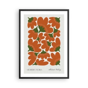 Plakat i sort ramme - Abstrakte orange blomster på en lys baggrund - 50x70cm - Fra en blomsts liv - Moderne vægdekoration til stue og soveværelse ARTTOR