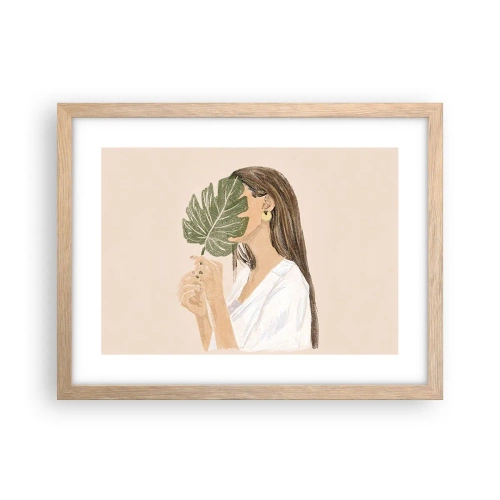 Plakat i ramme af lyst egetræ - Mystisk portræt med en vifte - 40x30 cm