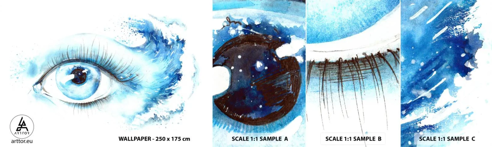 Prøve Fototapet Selvklæbende Deluxe Sticker - Fordyb dig i det blå i dit blik - Abstraktion, Øje, Stykke - 100x30 cm