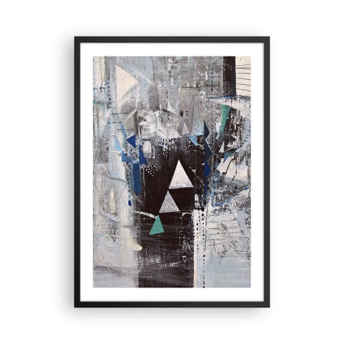 Plakat i sort ramme - Abstrakt geometrisk komposition i nuancer af grå og blå - 50x70cm - Overordnet rækkefølge af trekanter - Moderne vægdekoration til stue og soveværelse ARTTOR