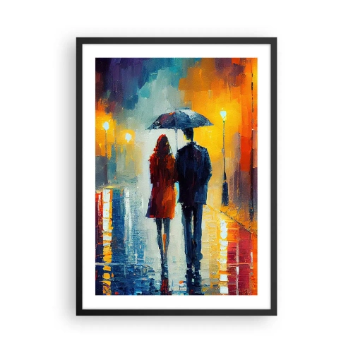 Plakat i sort ramme - Et par med en paraply i regnvejr, der går ned ad en gade i byen. - 50x70cm - Sammen - en farverig nat - Moderne vægdekoration til stue og soveværelse ARTTOR