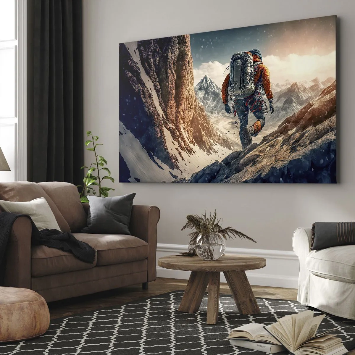 Lærredstryk - Billede på lærred - En klatrer på en bjergsti i et vinterlandskab - 70x50cm - Ensom kriger - Moderne vægdekoration til stue og soveværelse ARTTOR