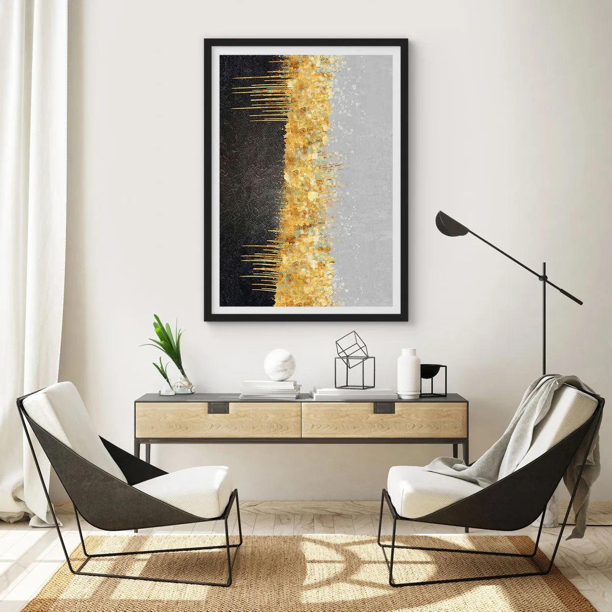 Plakat i sort ramme - Abstrakt komposition af guld, sort og sølv - 50x70cm - Indad og opad - Moderne vægdekoration til stue og soveværelse ARTTOR