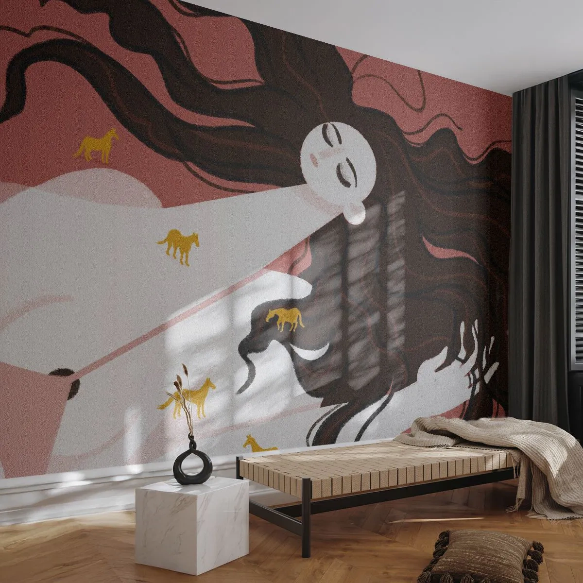 Fototapet Selvklæbende Deluxe Sticker - Drøm om en gylden hest - Kvinde, Portræt, Minimalisme - 350x256 cm