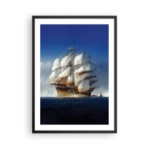 Plakat i sort ramme - Et sejlskib på åbent hav under fulde sejl i sollyset - 50x70cm - Den store herlighed! - Moderne vægdekoration til stue og soveværelse ARTTOR
