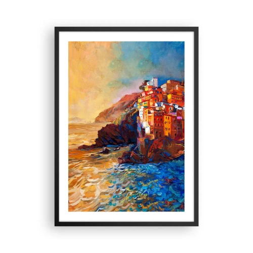 Plakat i sort ramme - Farverige bygninger med udsigt over klippen og havet ved solnedgang - 50x70cm - Italiensk atmosfære - Moderne vægdekoration til stue og soveværelse ARTTOR