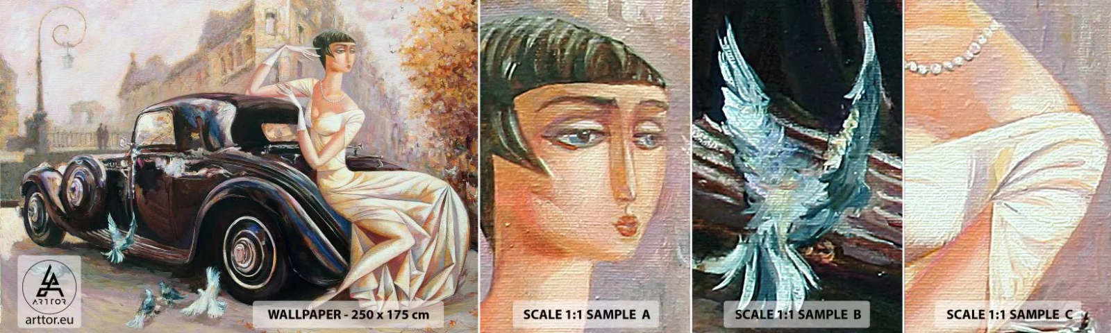 Fototapet Prøve Standard Eco - Retro elegance - Retro bil, Kvinde, Palads - 100x30 cm