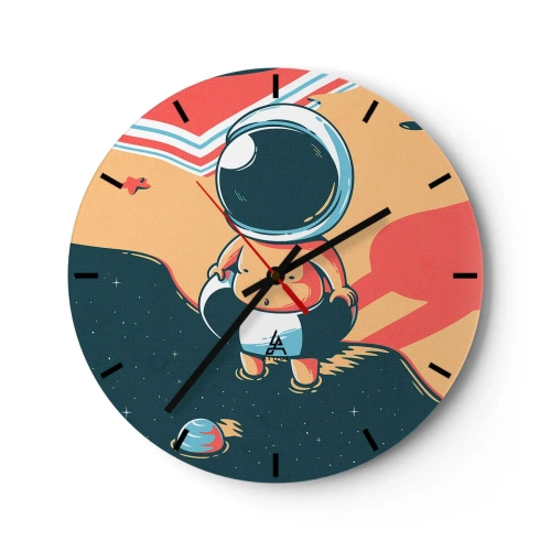 Vægur, Uret - Astronaut mod en rumbaggrund i retrostil - 30x30cm - Fra et andet perspektiv - Moderne vægdekoration til stue, køkken og soveværelse ARTTOR
