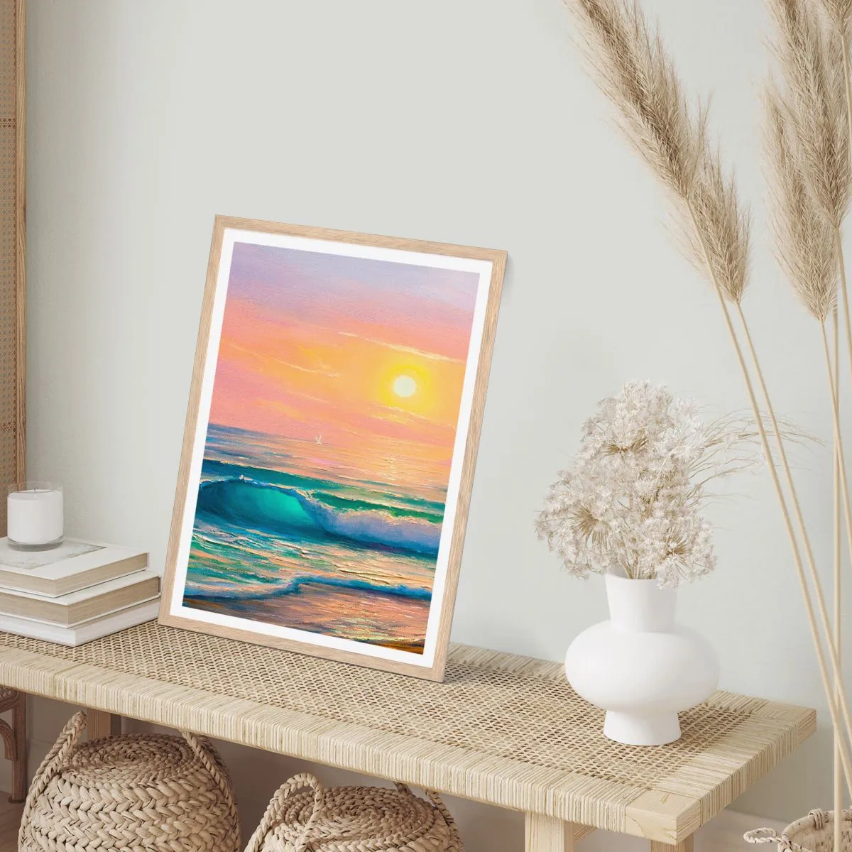 Plakat i ramme af lyst egetræ - Bølgernes turkisfarvede sang - 61x91 cm