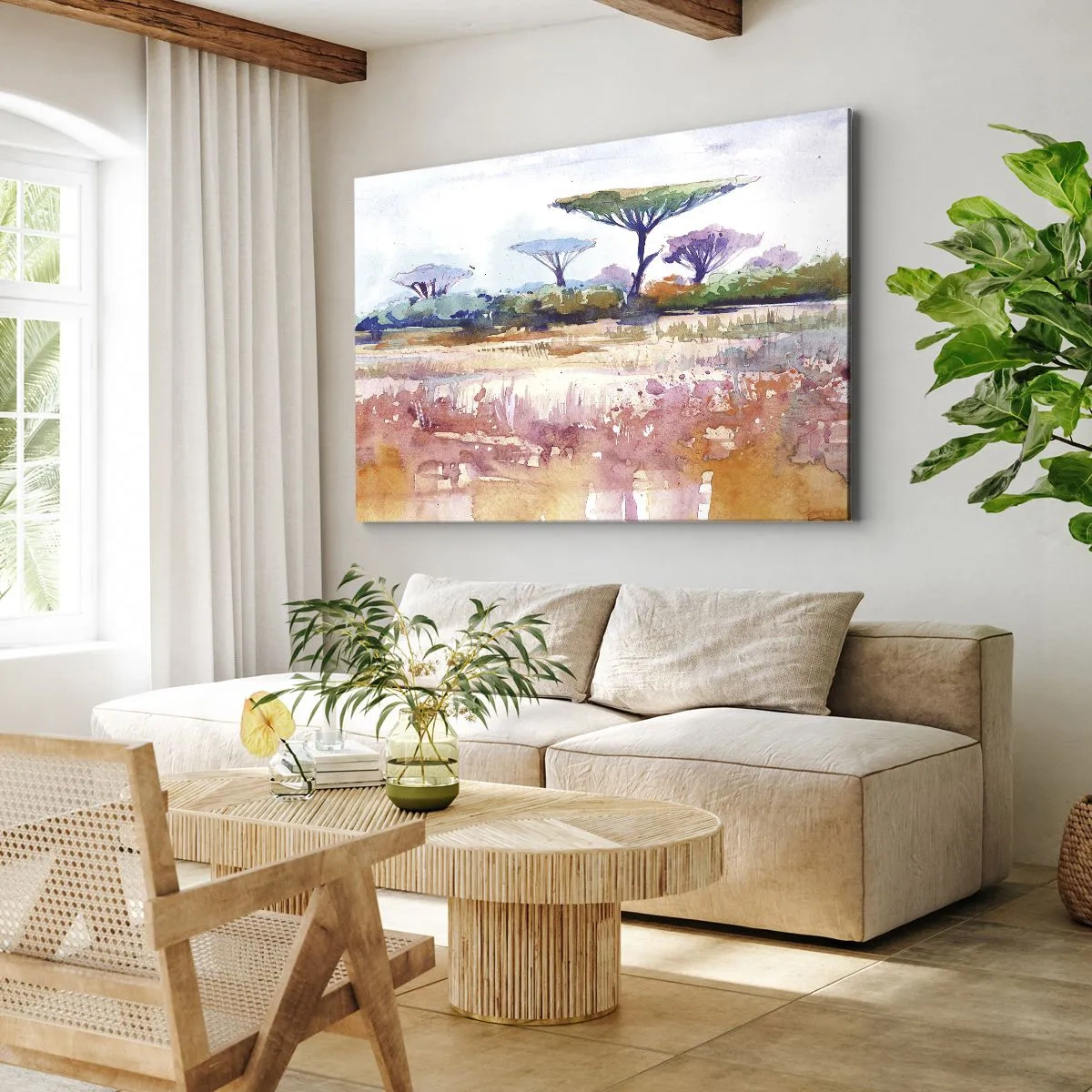 Lærredstryk - Billede på lærred - Et malerisk savannelandskab i akvarelfarver - 70x50cm - Savannens farver - Moderne vægdekoration til stue og soveværelse ARTTOR