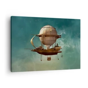 Lærredstryk - Billede på lærred - Et fantastisk luftskib mod den grønlige himmel - 70x50cm - Jules Verne hilser - Moderne vægdekoration til stue og soveværelse ARTTOR
